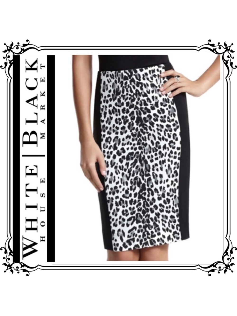 WHBM LEOPARD PRINT PENCIL SKIRT BLACK/GRAY/WHITE 14